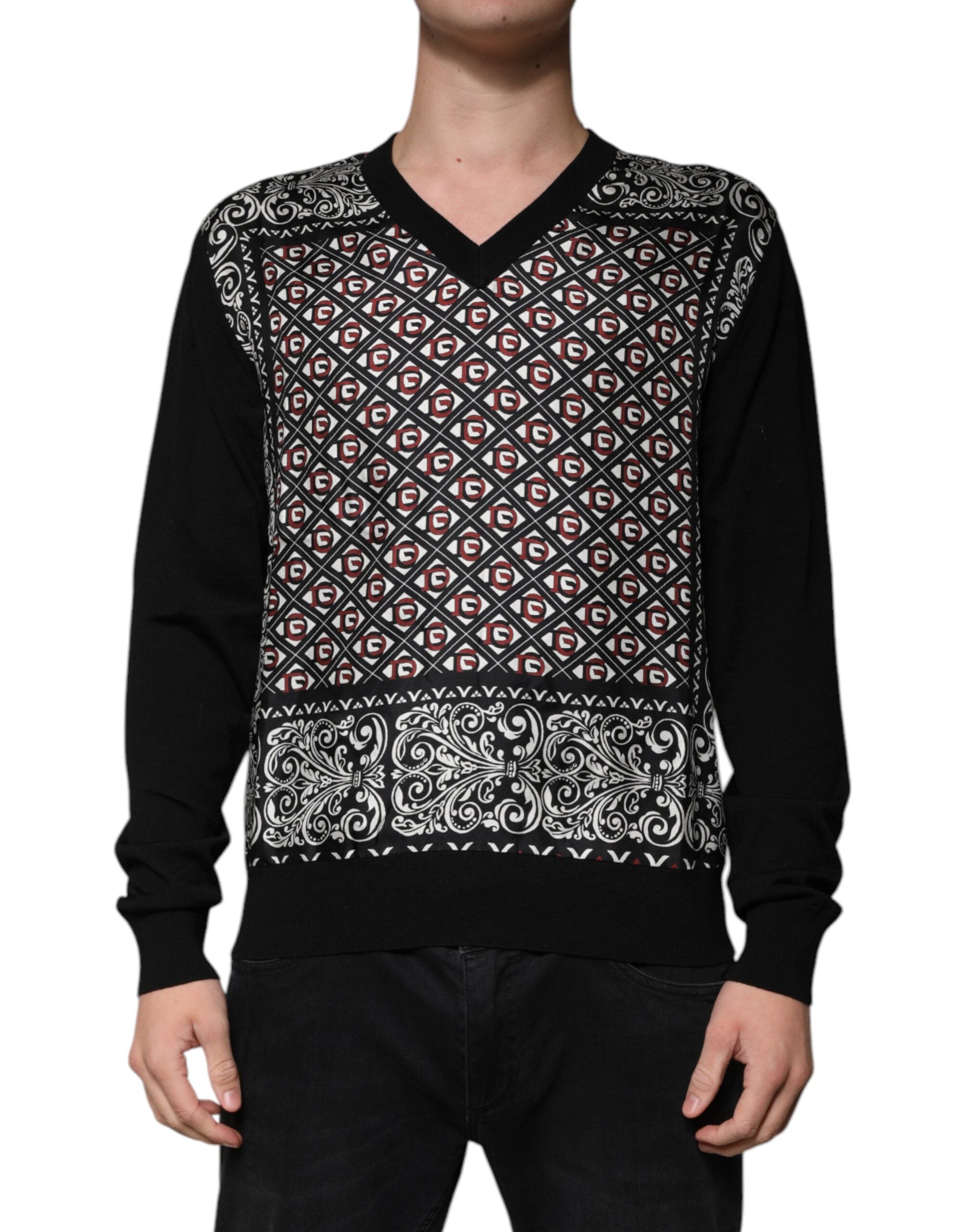 Dolce & Gabbana Schwarzer Logo-Wollpullover mit V-Ausschnitt-2