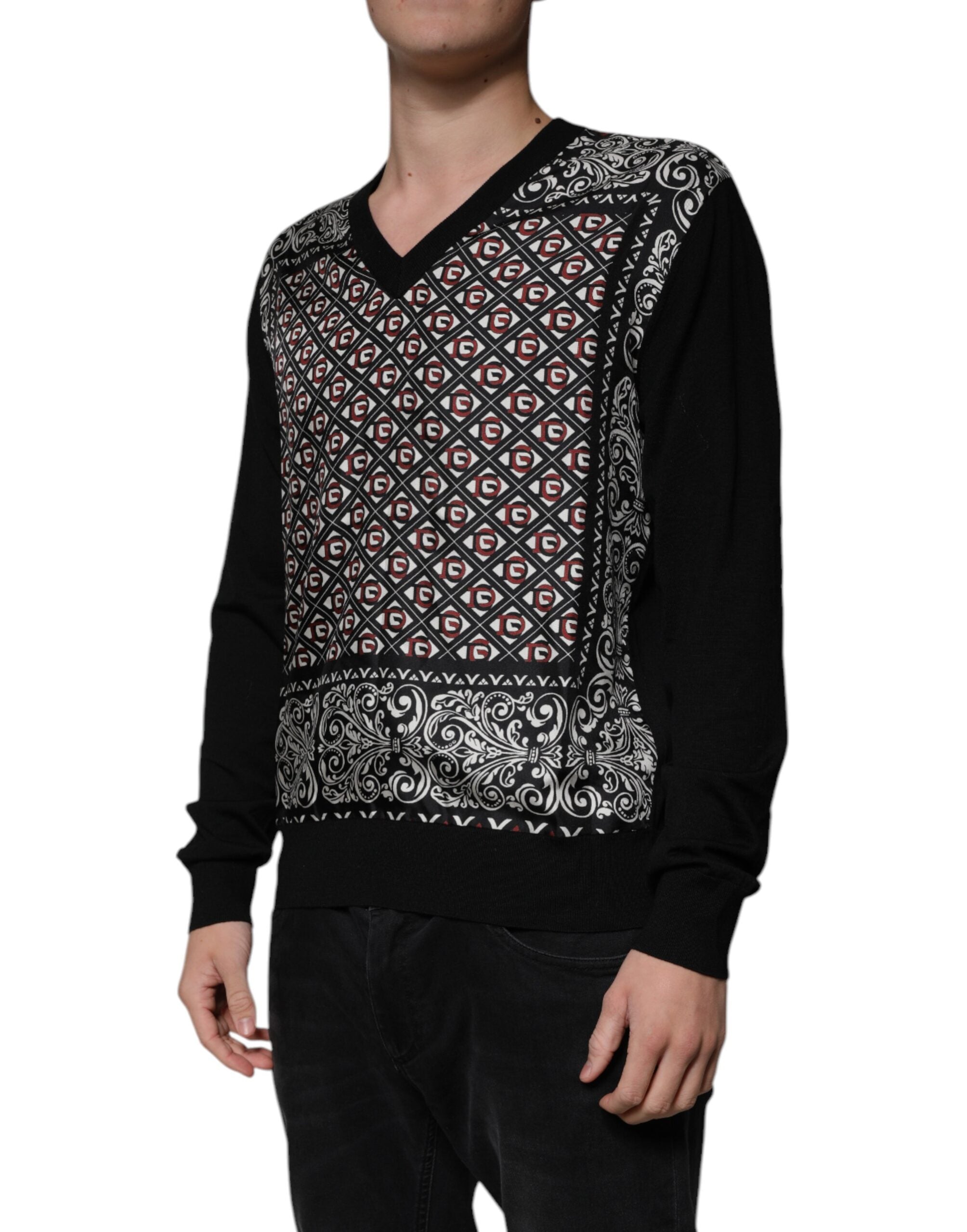 Dolce & Gabbana Schwarzer Logo-Wollpullover mit V-Ausschnitt-3