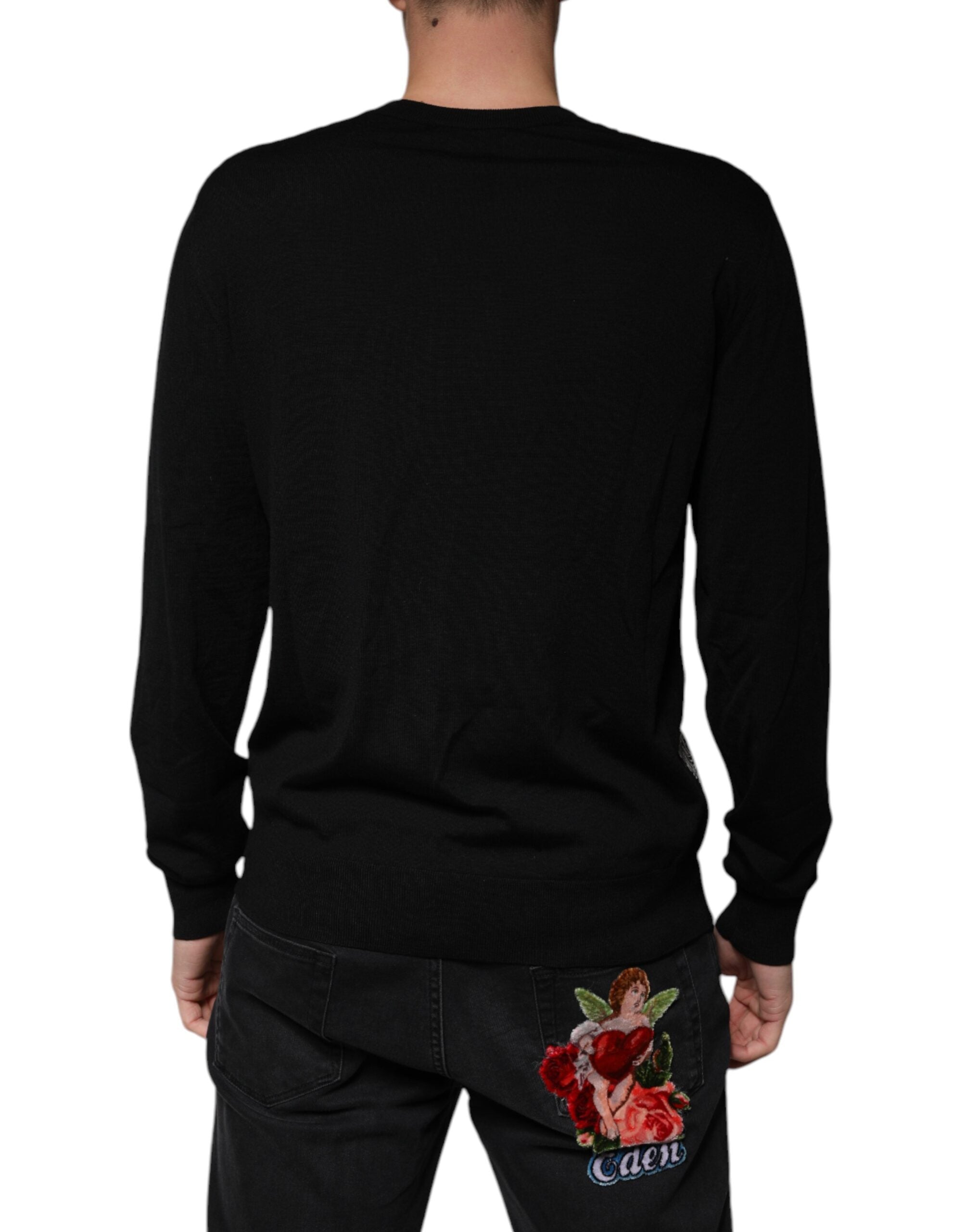 Dolce & Gabbana Schwarzer Logo-Wollpullover mit V-Ausschnitt-4