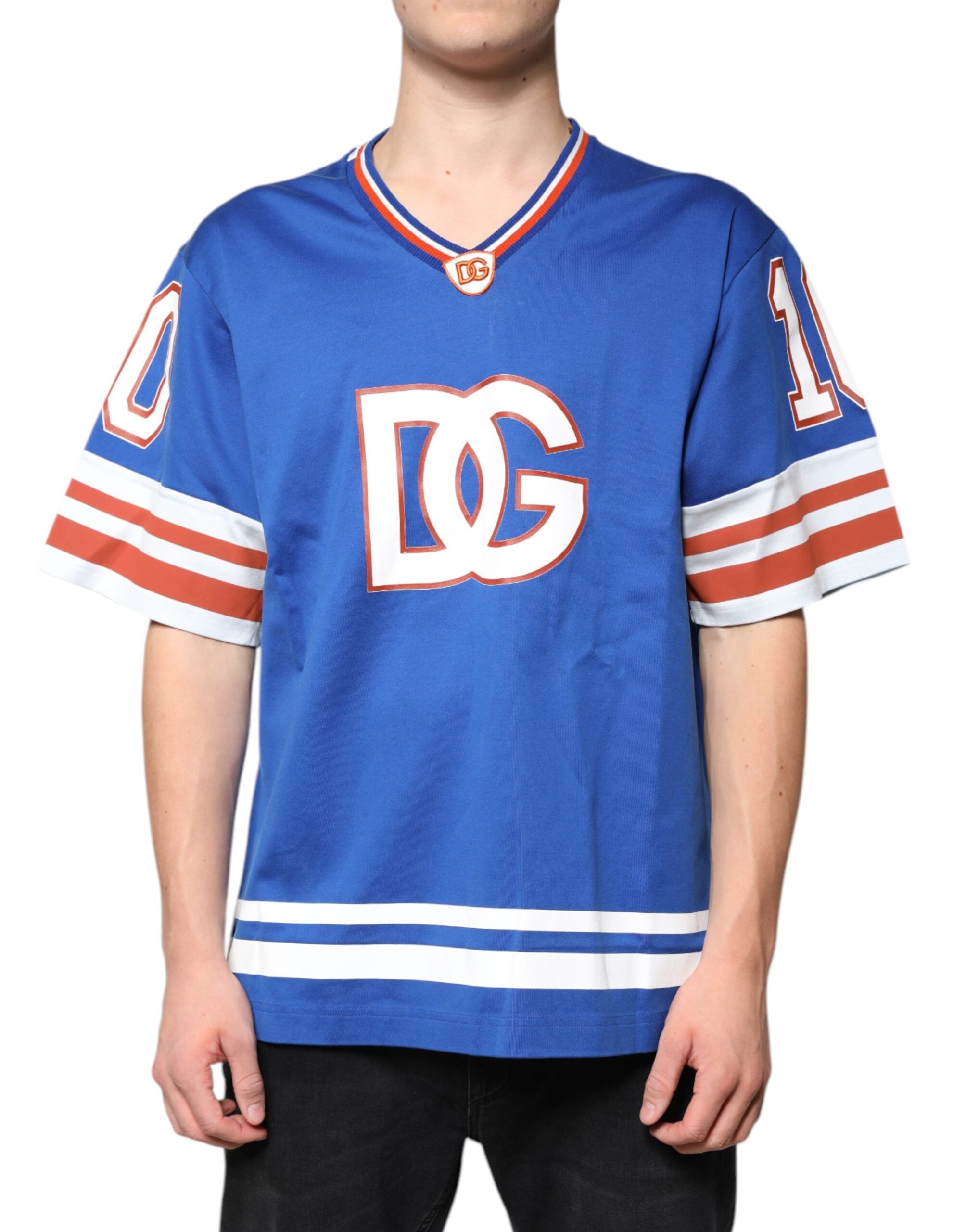 Dolce & Gabbana blue logo T-shirt with V-neck and short sleeves-2