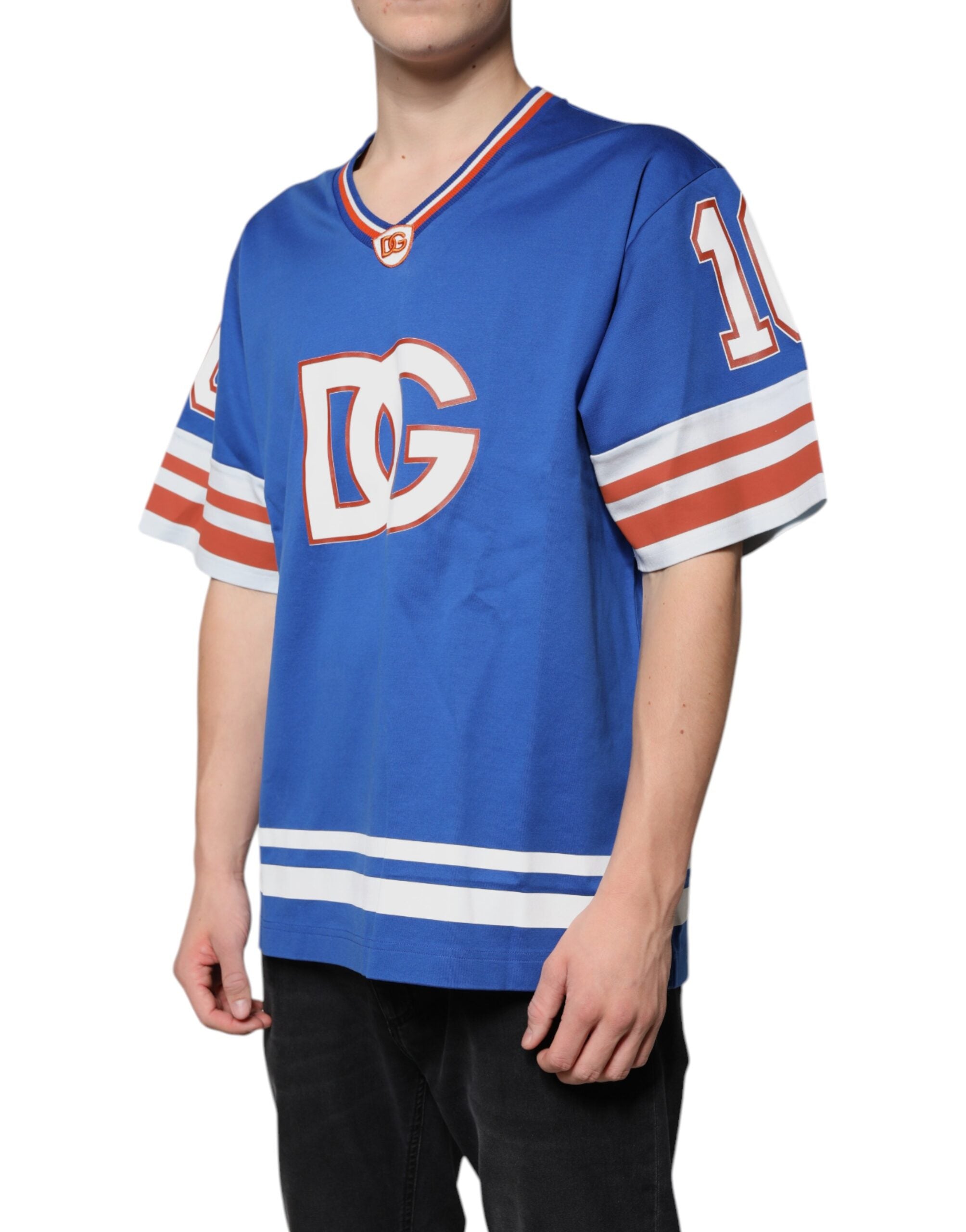 Dolce & Gabbana blue logo T-shirt with V-neck and short sleeves-3
