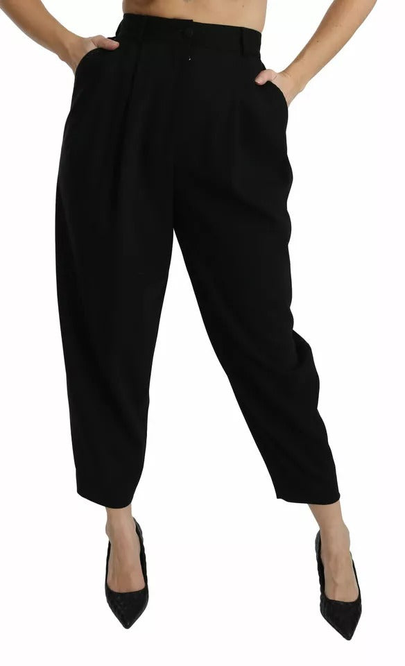 Dolce & Gabbana Black wool trousers with a high waist and front pleats-7