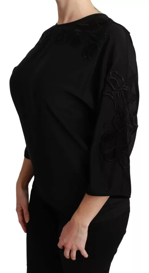 Dolce & Gabbana Black silk blouse top with floral embroidery-3