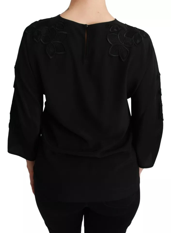 Dolce & Gabbana Black silk blouse top with floral embroidery-4