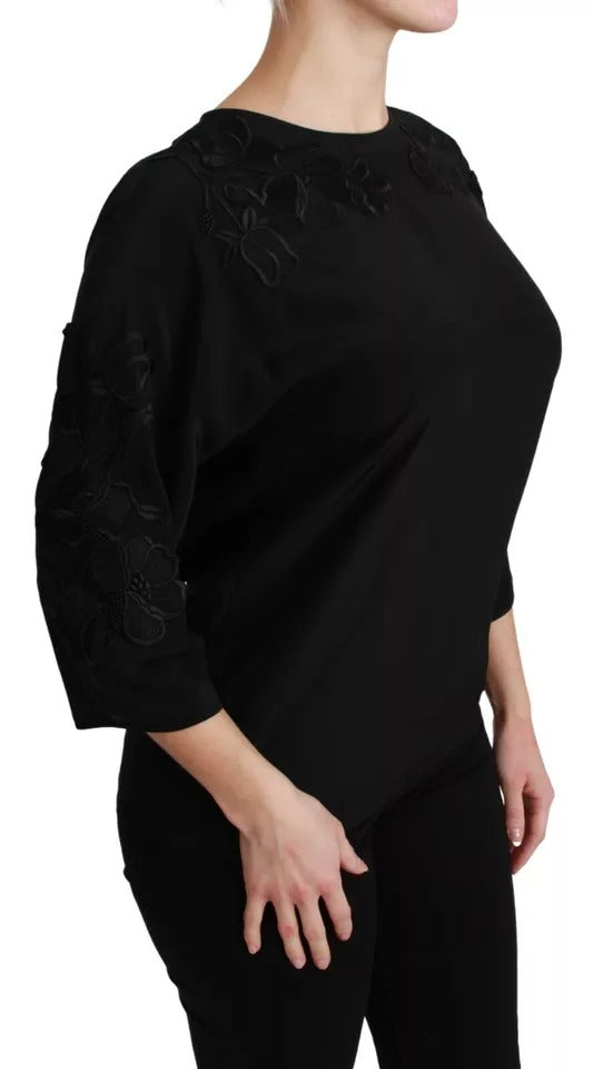 Dolce & Gabbana Black silk blouse top with floral embroidery-5
