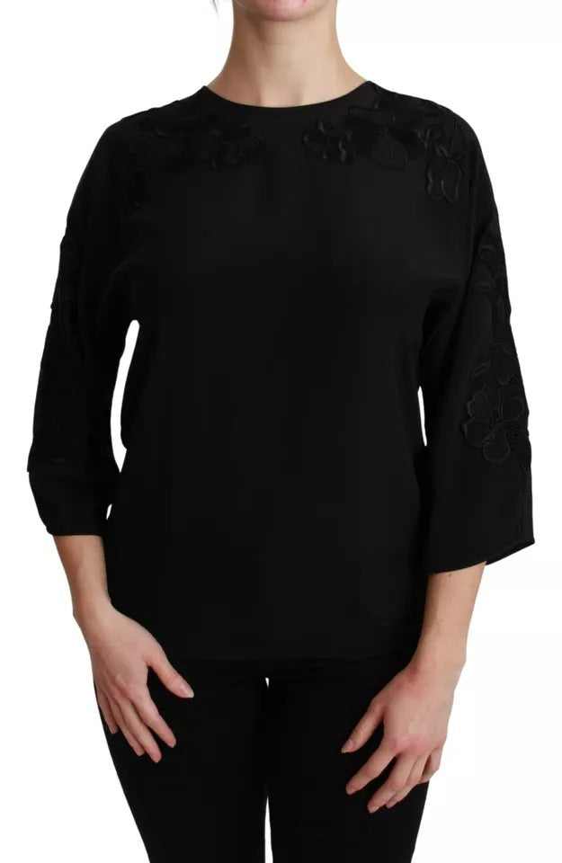 Dolce & Gabbana Black silk blouse top with floral embroidery-2