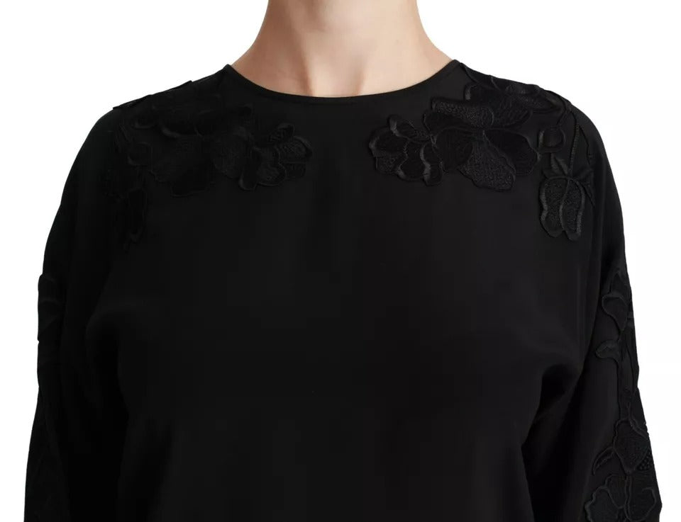 Dolce & Gabbana Black silk blouse top with floral embroidery-6