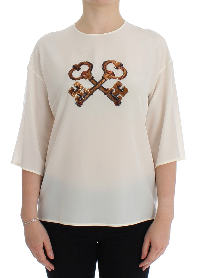 Dolce & Gabbana Weiße Pailletten-Schlüssel-Seidenbluse T-shirt Top-1