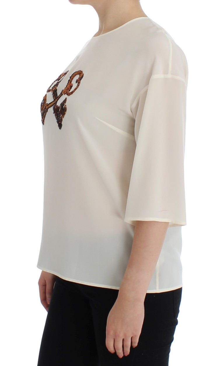 Dolce & Gabbana Weiße Pailletten-Schlüssel-Seidenbluse T-shirt Top-2