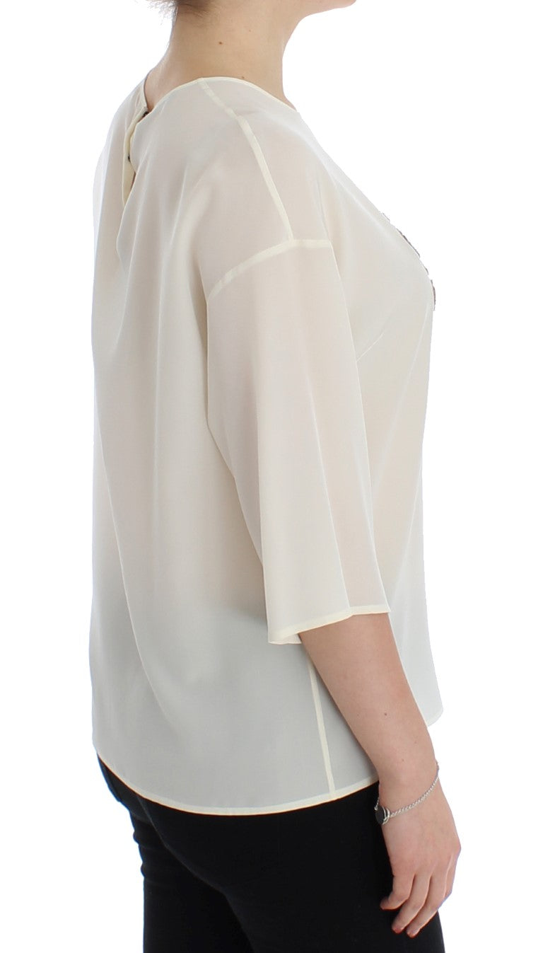 Dolce & Gabbana Weiße Pailletten-Schlüssel-Seidenbluse T-shirt Top-4