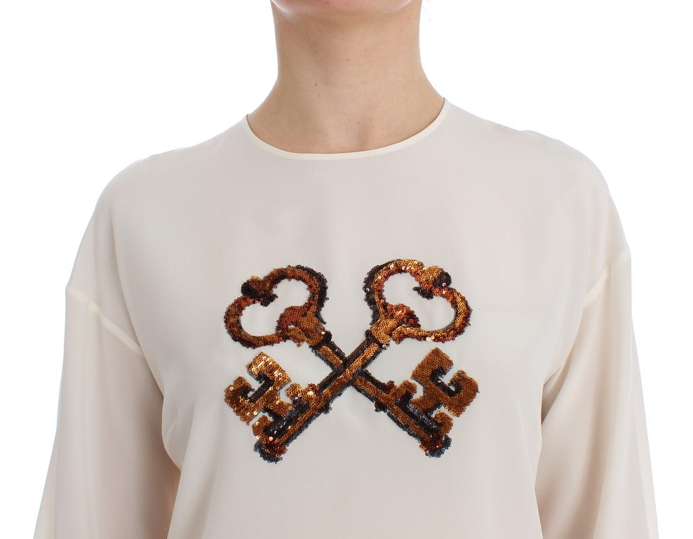Dolce & Gabbana Weiße Pailletten-Schlüssel-Seidenbluse T-shirt Top-5