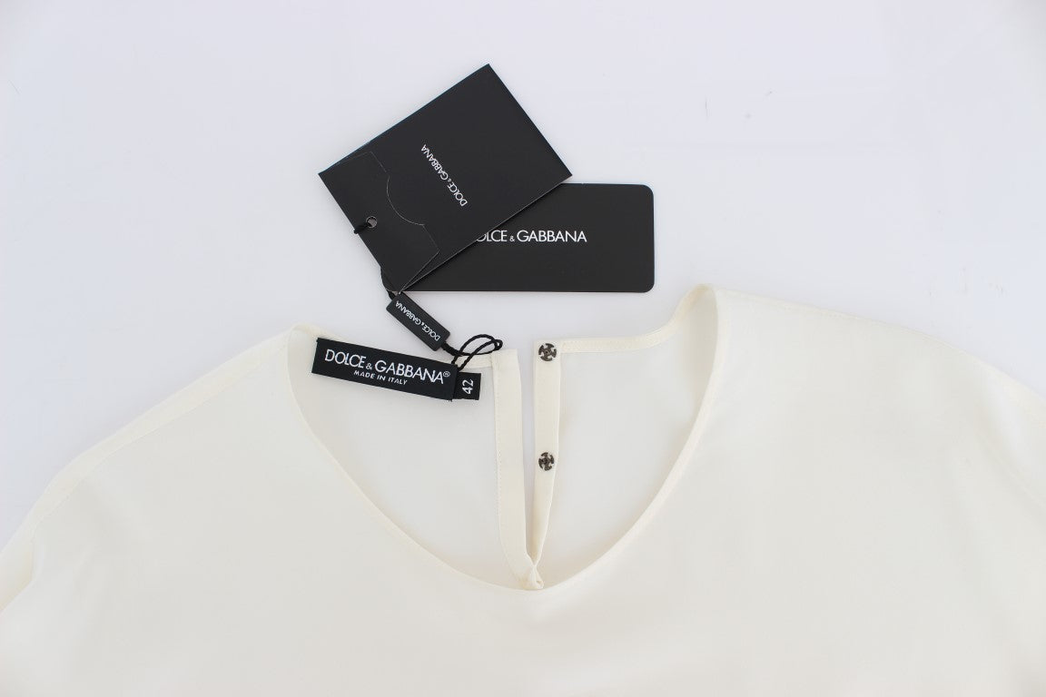 Dolce & Gabbana Weiße Pailletten-Schlüssel-Seidenbluse T-shirt Top-6