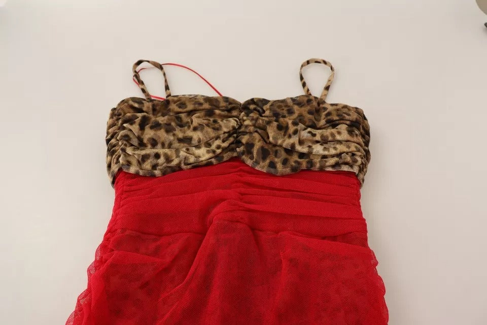 Dolce & Gabbana Braun Leopard Rot Tüll Etuikleid Midikleid-7