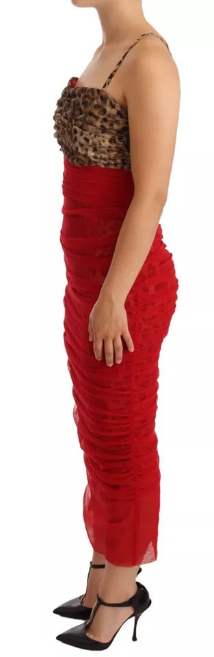 Dolce & Gabbana Braun Leopard Rot Tüll Etuikleid Midikleid-2