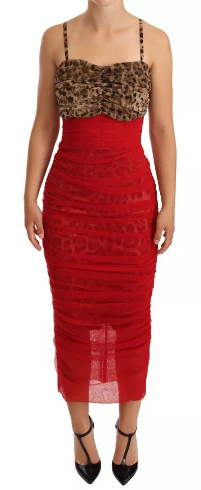 Dolce & Gabbana Braun Leopard Rot Tüll Etuikleid Midikleid-1