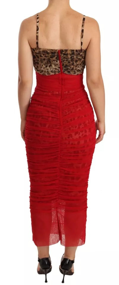 Dolce & Gabbana Braun Leopard Rot Tüll Etuikleid Midikleid-4