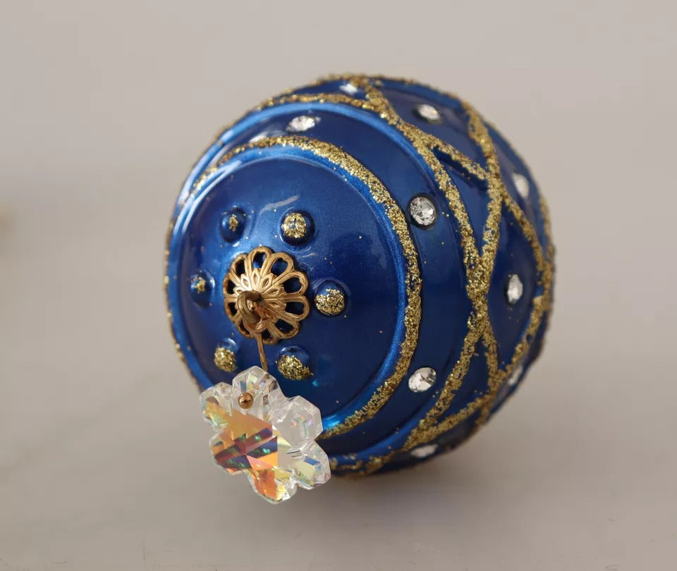 Dolce & Gabbana Gold Brass Blue Christmas Bauble Crystal Hook Earrings-5