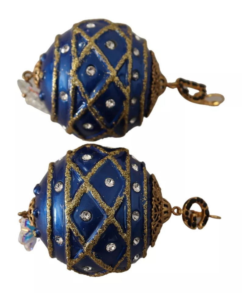 Dolce & Gabbana Gold Brass Blue Christmas Bauble Crystal Hook Earrings-2