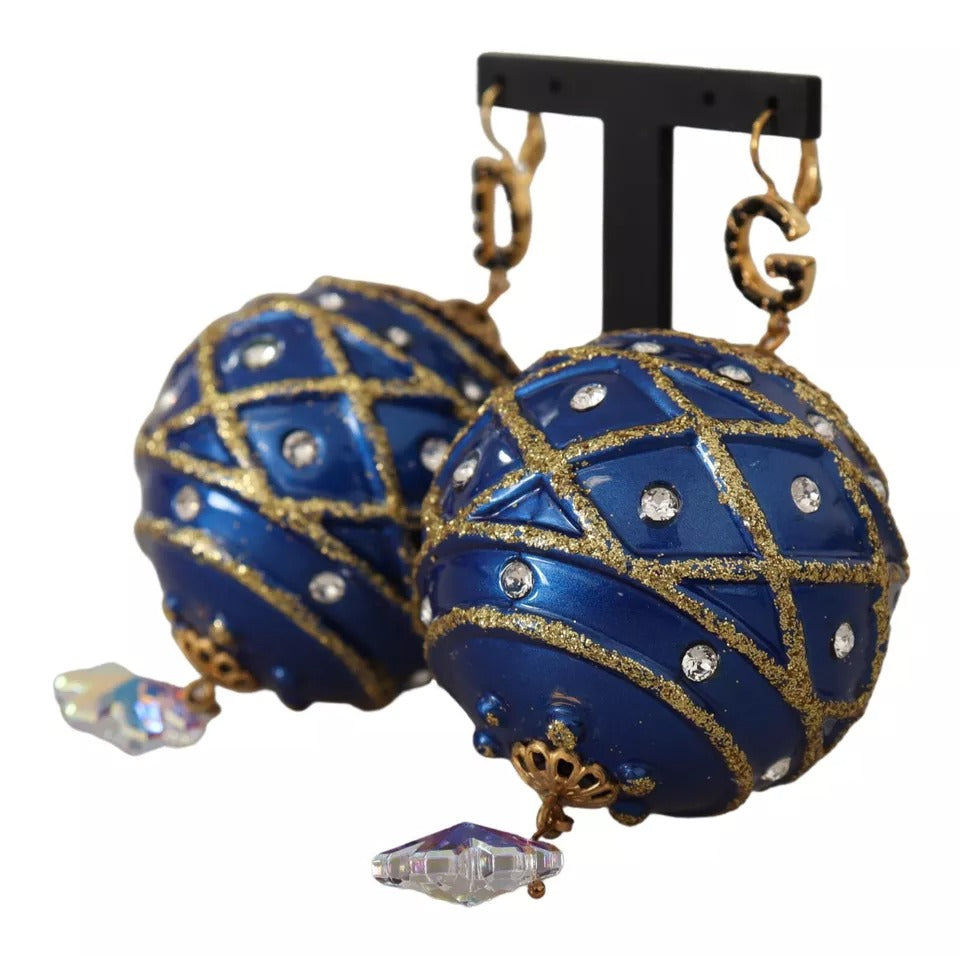 Dolce & Gabbana Gold Brass Blue Christmas Bauble Crystal Hook Earrings-3