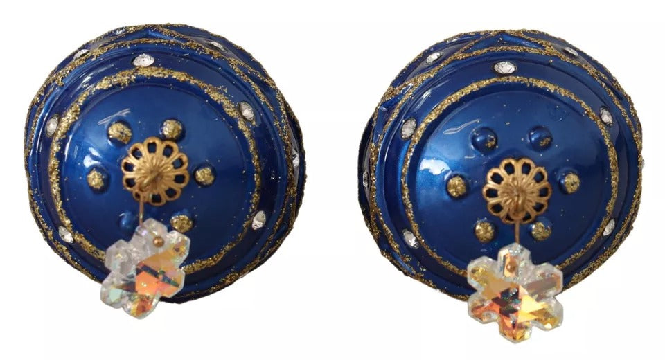 Dolce & Gabbana Gold Brass Blue Christmas Bauble Crystal Hook Earrings-4