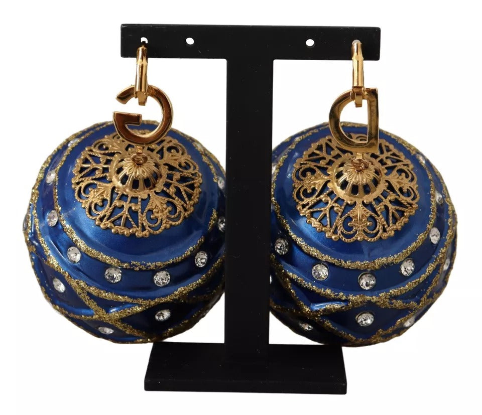 Dolce & Gabbana Gold Brass Blue Christmas Bauble Crystal Hook Earrings-6