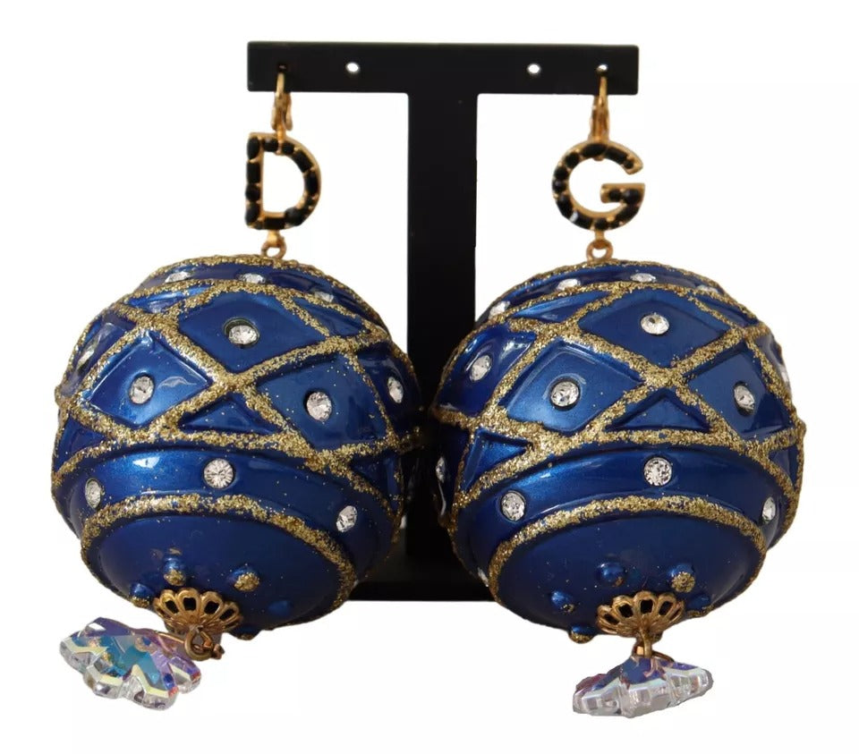 Dolce & Gabbana Gold Brass Blue Christmas Bauble Crystal Hook Earrings-7
