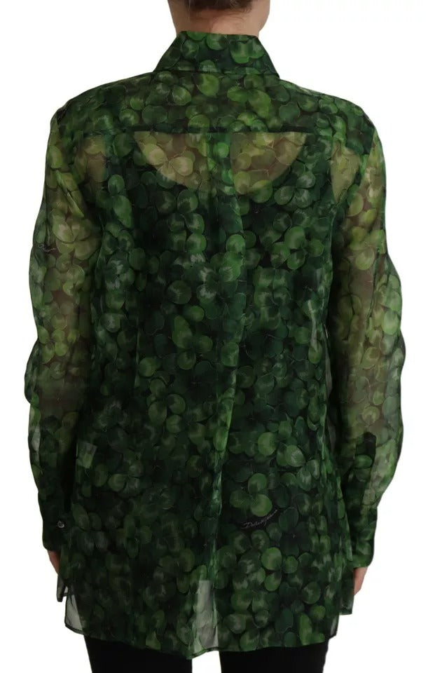 Dolce & Gabbana Green Clover Print Long-Sleeved Top Blouse with Collar-2