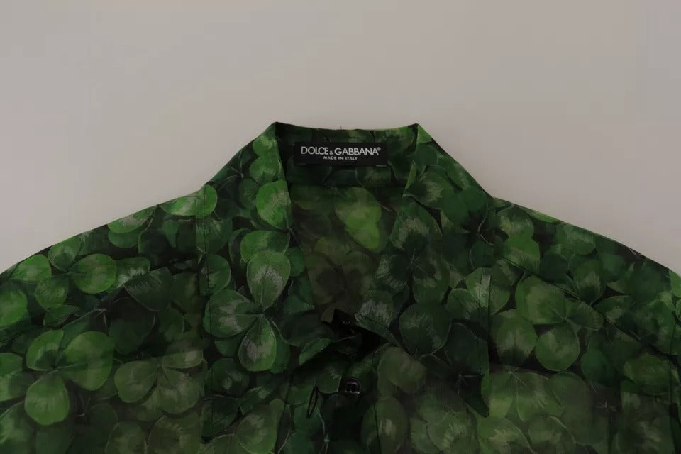 Dolce & Gabbana Green Clover Print Long-Sleeved Top Blouse with Collar-3