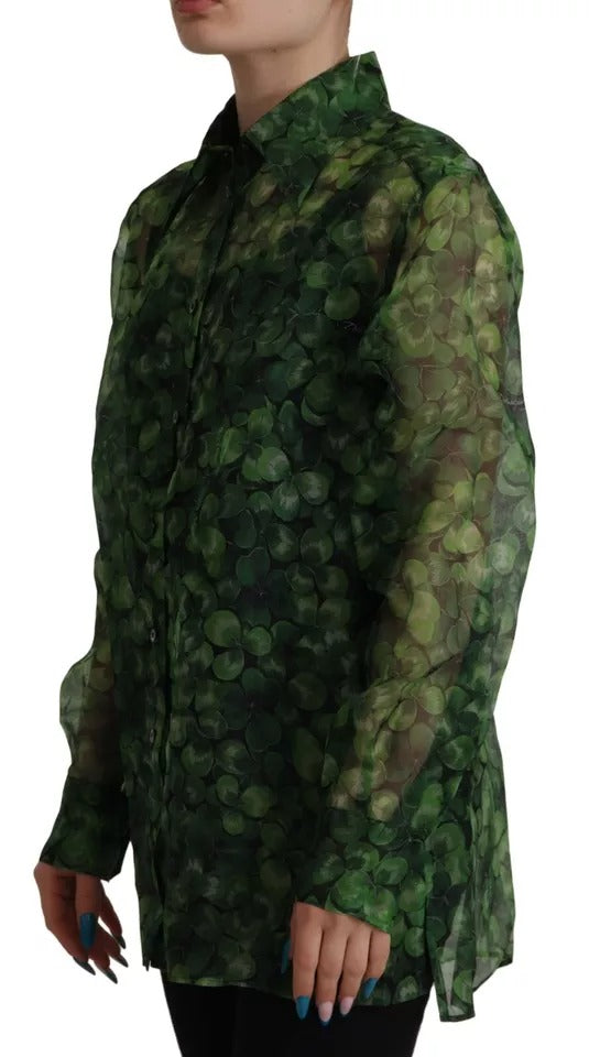 Dolce & Gabbana Green Clover Print Long-Sleeved Top Blouse with Collar-4