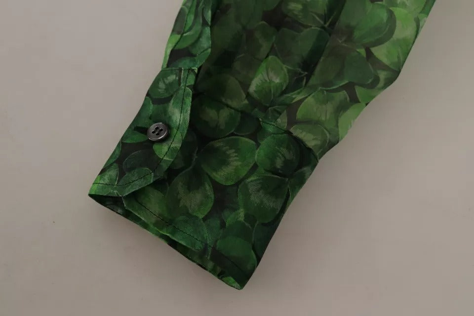 Dolce & Gabbana Green Clover Print Long-Sleeved Top Blouse with Collar-5
