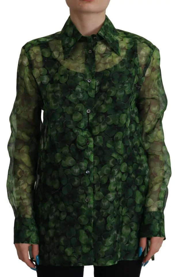 Dolce & Gabbana Green Clover Print Long-Sleeved Top Blouse with Collar-1