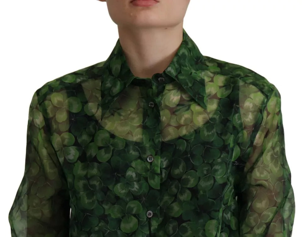 Dolce & Gabbana Green Clover Print Long-Sleeved Top Blouse with Collar-7