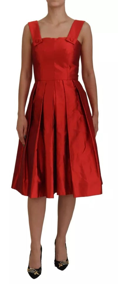 Vestido midi plisado de corte A en satén y seda de Dolce & Gabbana en rojo-2