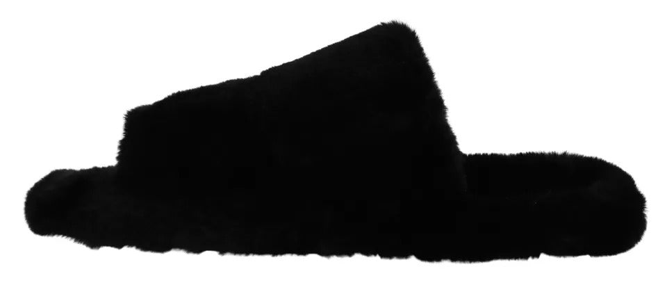 Dolce & Gabbana Black Polyester Faux Fur Men's Flats Sandals Shoes-2