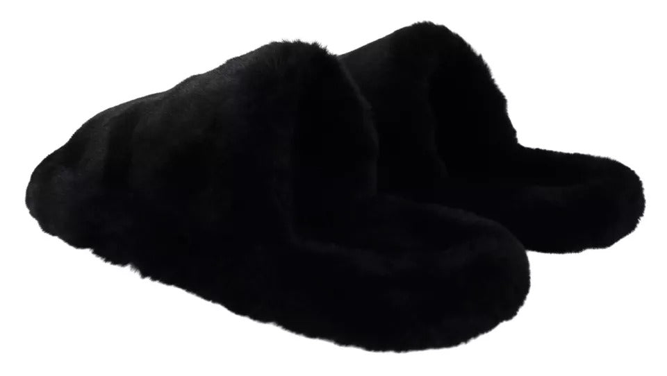 Dolce & Gabbana Black Polyester Faux Fur Men's Flats Sandals Shoes-5