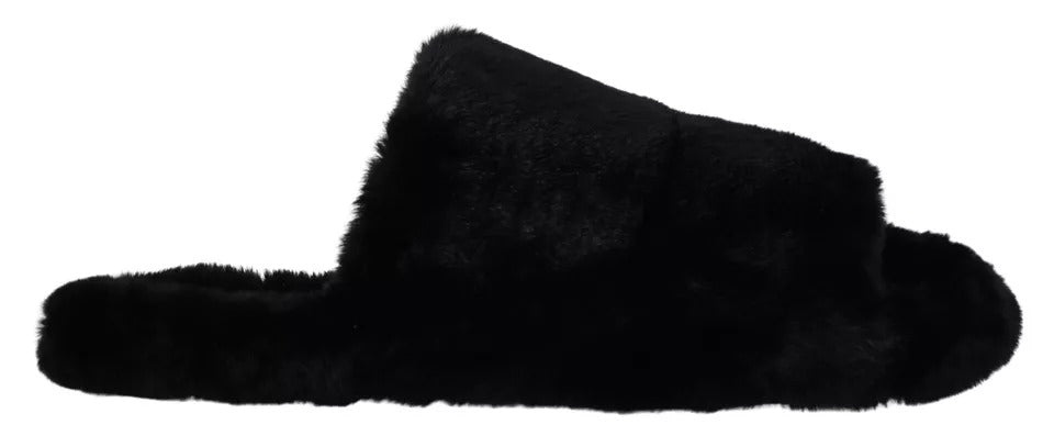 Dolce & Gabbana Black Polyester Faux Fur Men's Flats Sandals Shoes-7