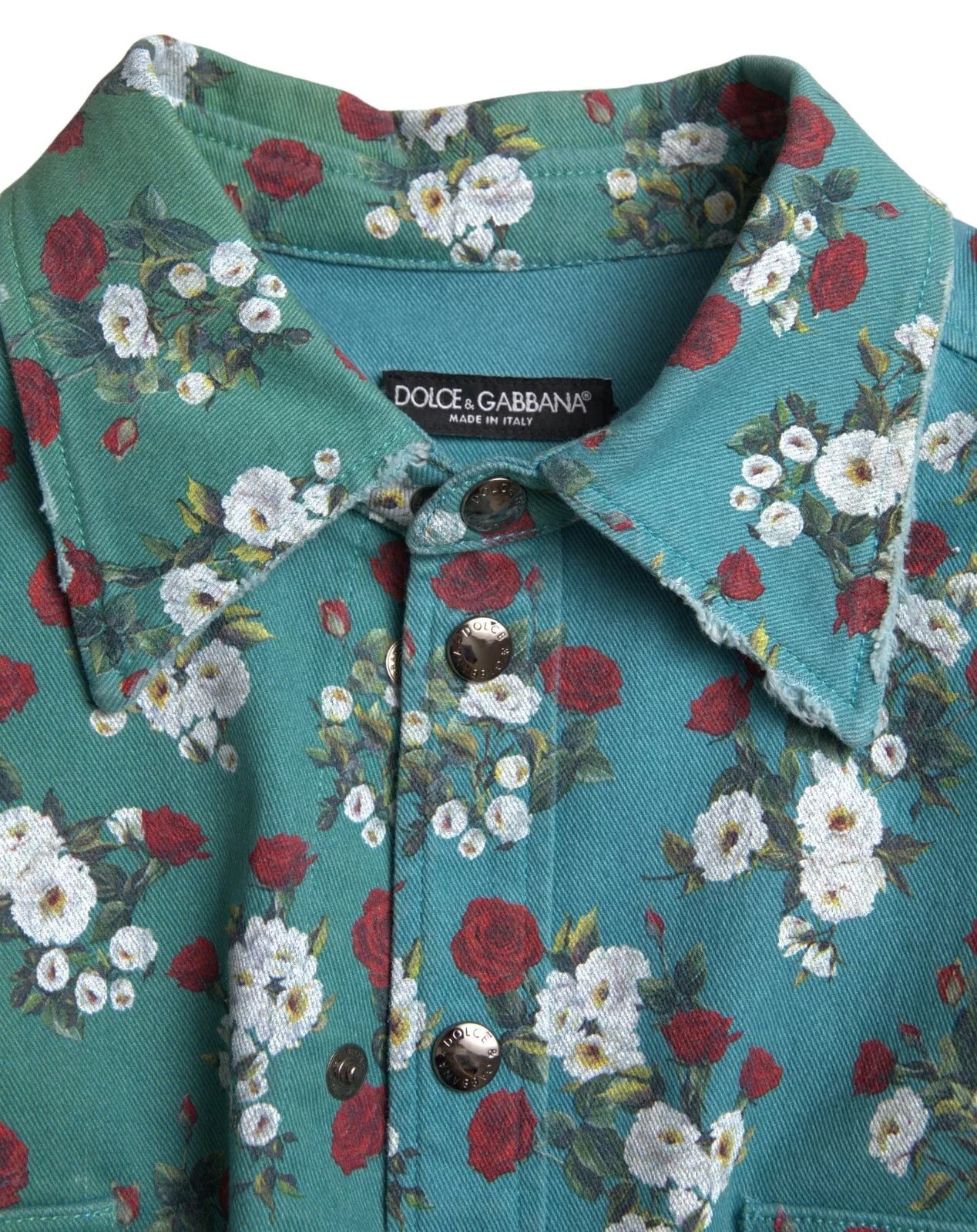 Dolce & Gabbana Blaues geblümtes Baumwollhemd mit Knopfleiste aus Denim-5