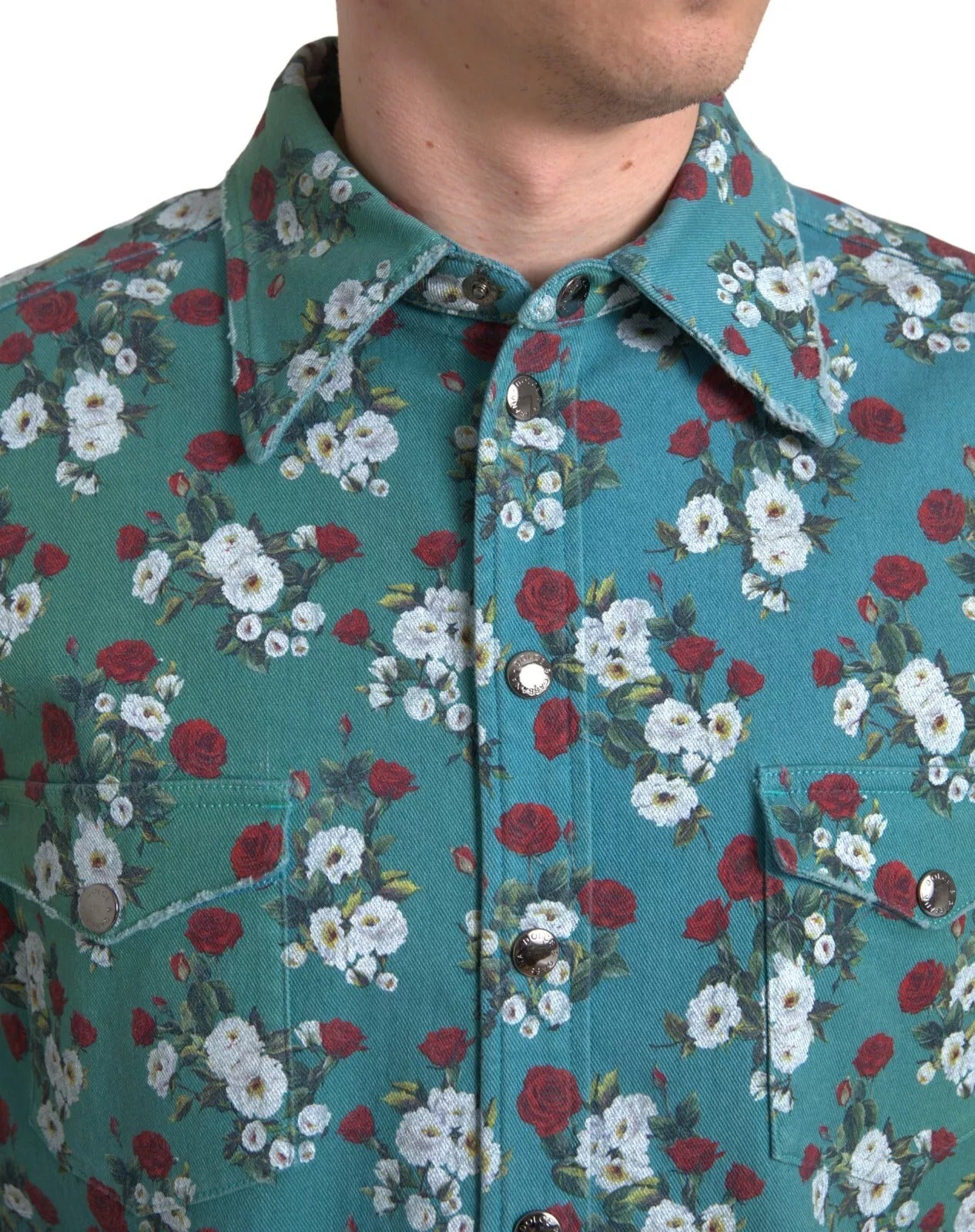 Dolce & Gabbana Blaues geblümtes Baumwollhemd mit Knopfleiste aus Denim-4