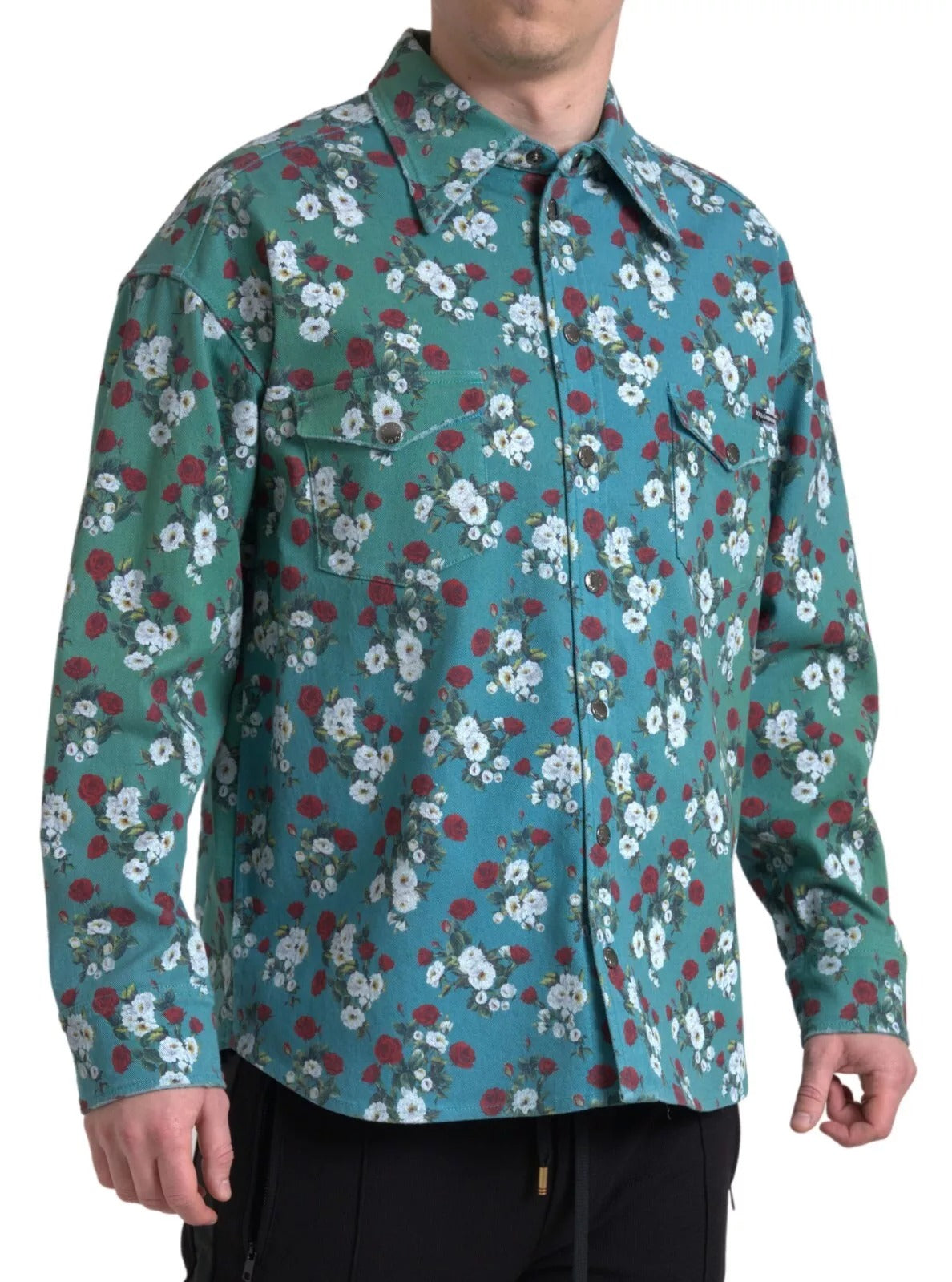 Dolce & Gabbana Blaues geblümtes Baumwollhemd mit Knopfleiste aus Denim-2