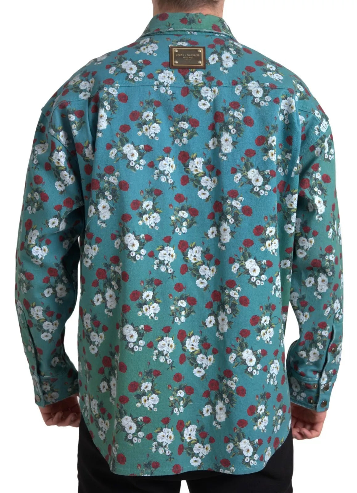 Dolce & Gabbana Blaues geblümtes Baumwollhemd mit Knopfleiste aus Denim-3