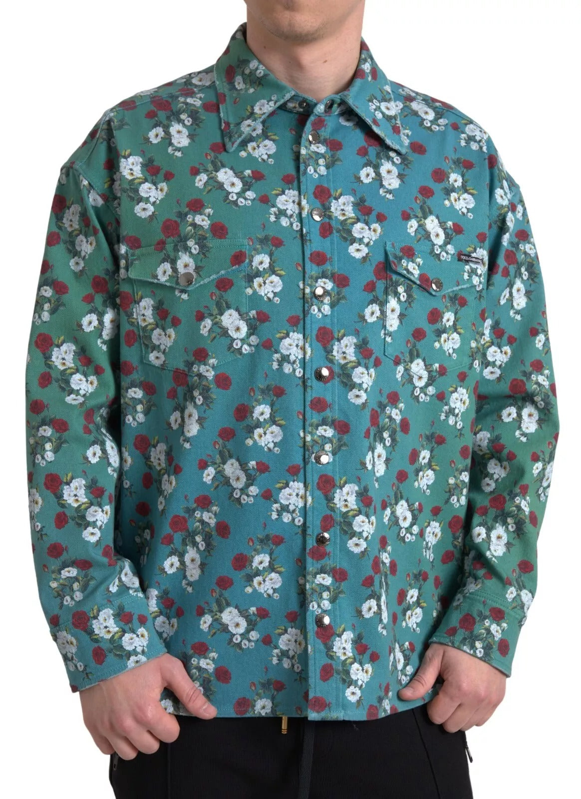 Dolce & Gabbana Blaues geblümtes Baumwollhemd mit Knopfleiste aus Denim-1