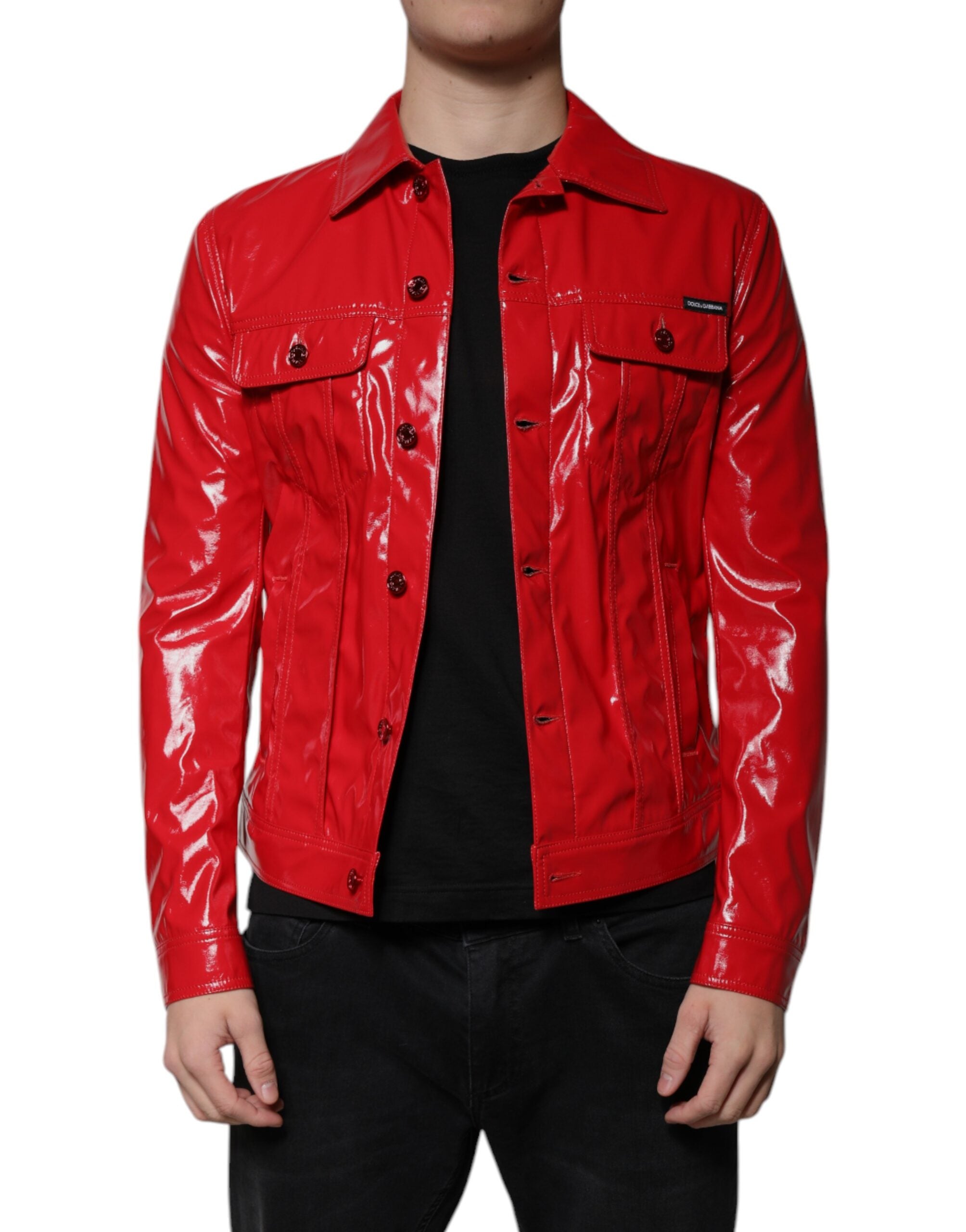 Dolce & Gabbana Red Polyester Button-Down Jacket with Collar