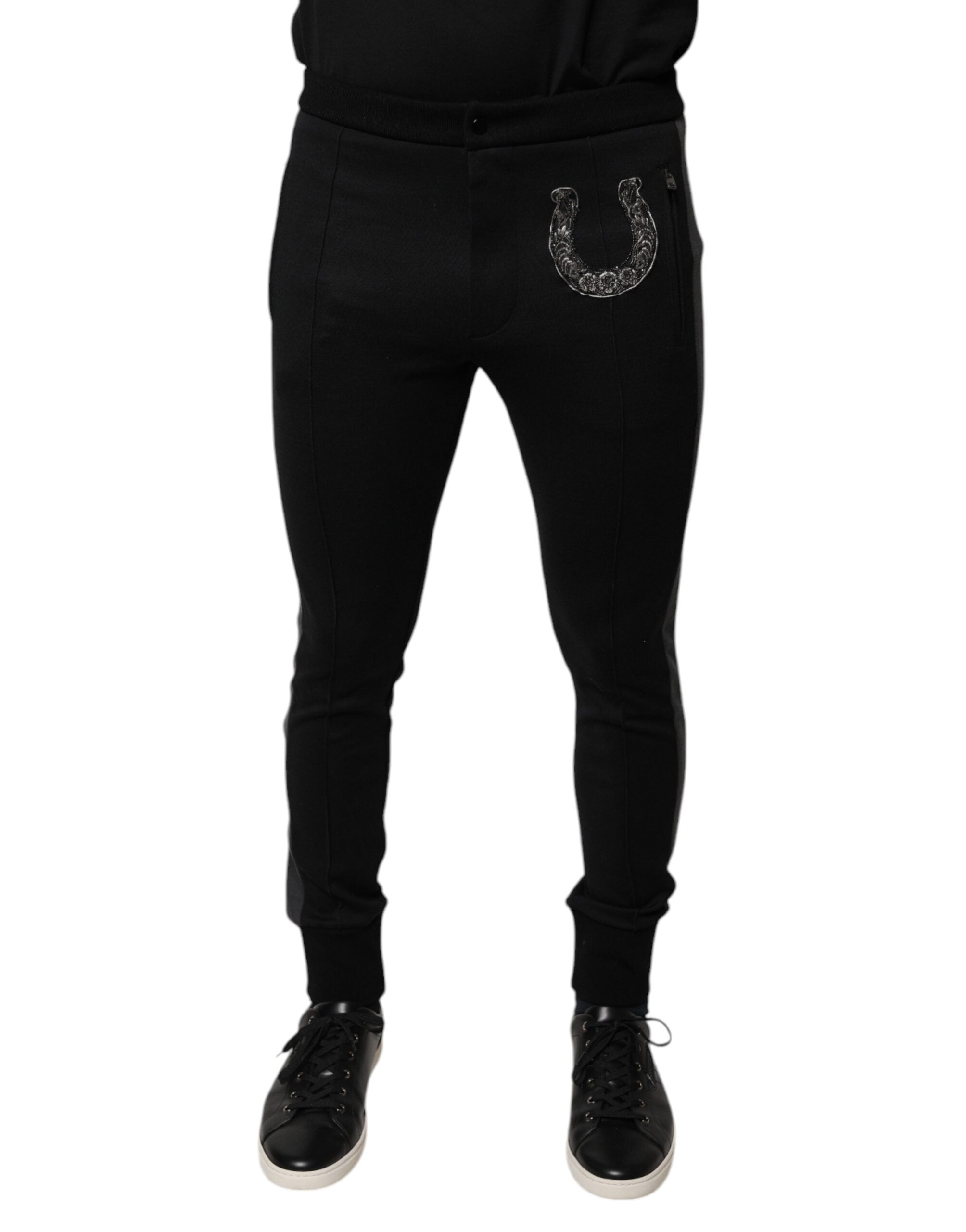 Dolce & Gabbana Schwarze Slim Fit-Hose aus Wolle mit Hufeisenverzierung-1
