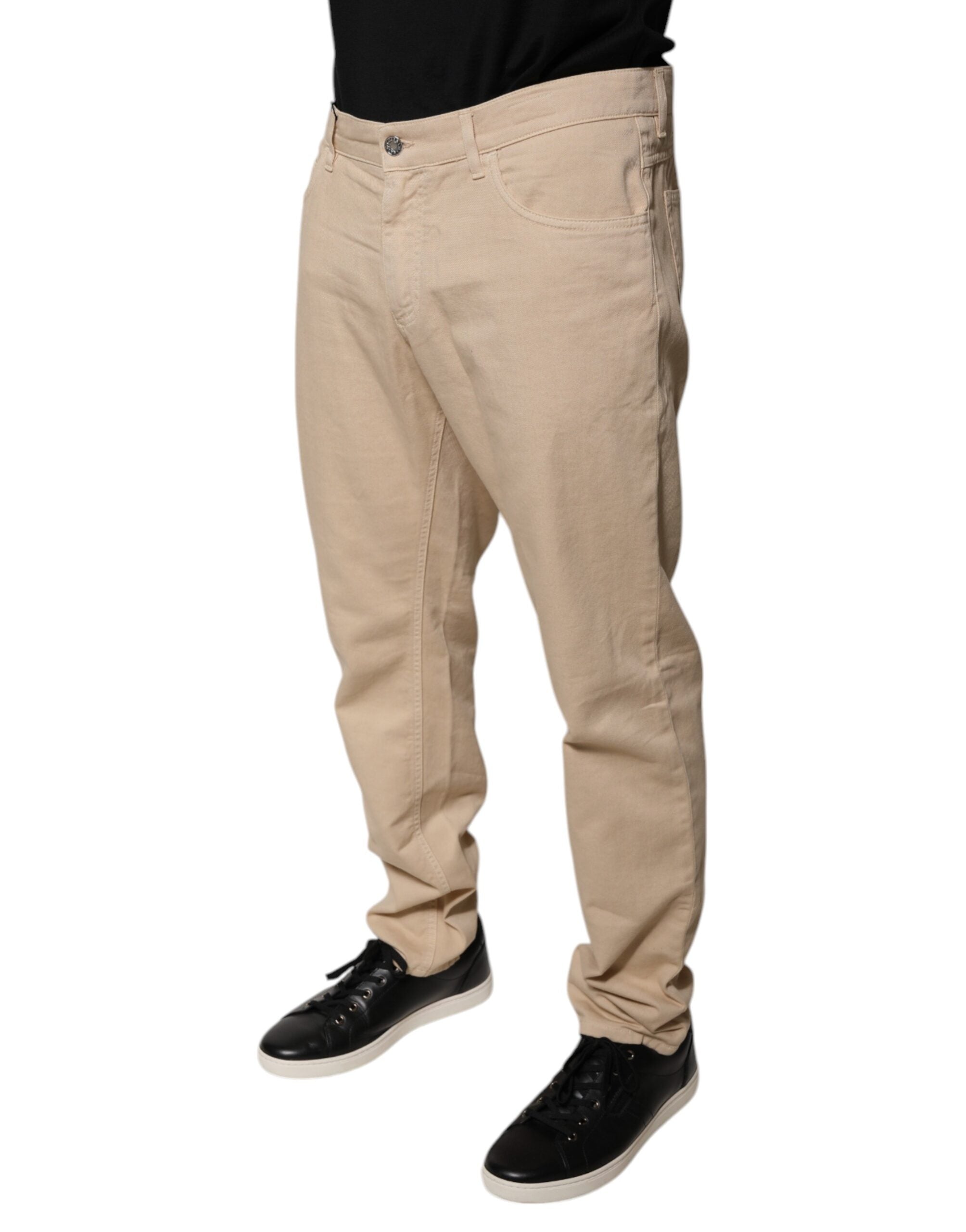 Vaqueros ajustados de talle medio de algodón beige de Dolce & Gabbana-3