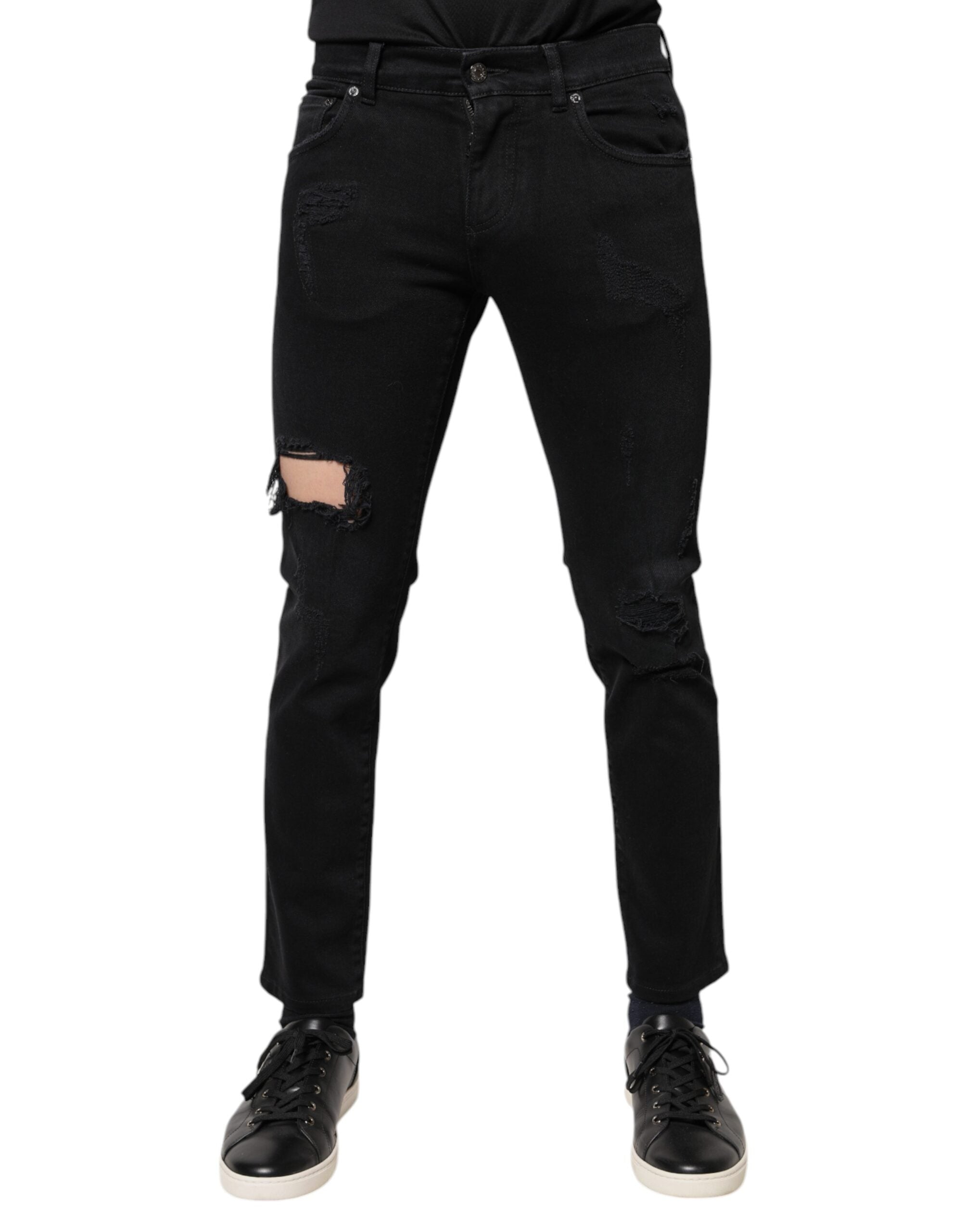 Dolce & Gabbana Black Cotton Skinny Denim Jeans with Logo, distressed
