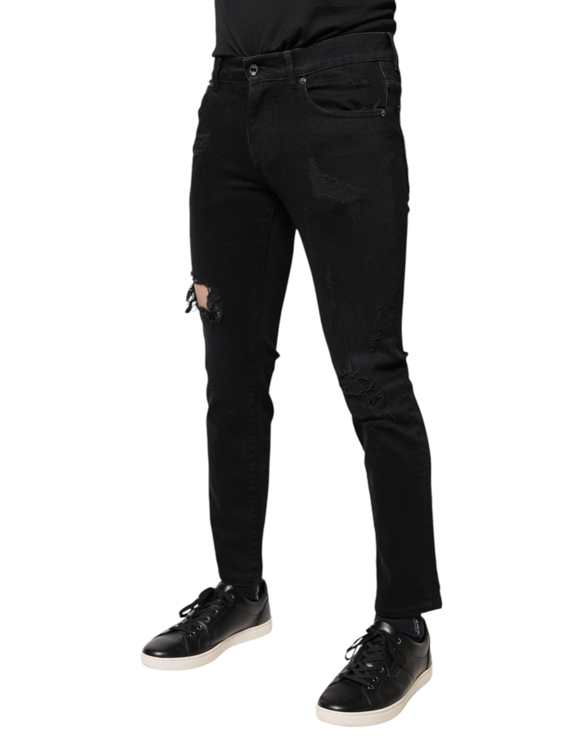 Dolce & Gabbana Schwarze Baumwoll-Skinny-Denim-Jeans mit Logo, zerschlissen-3