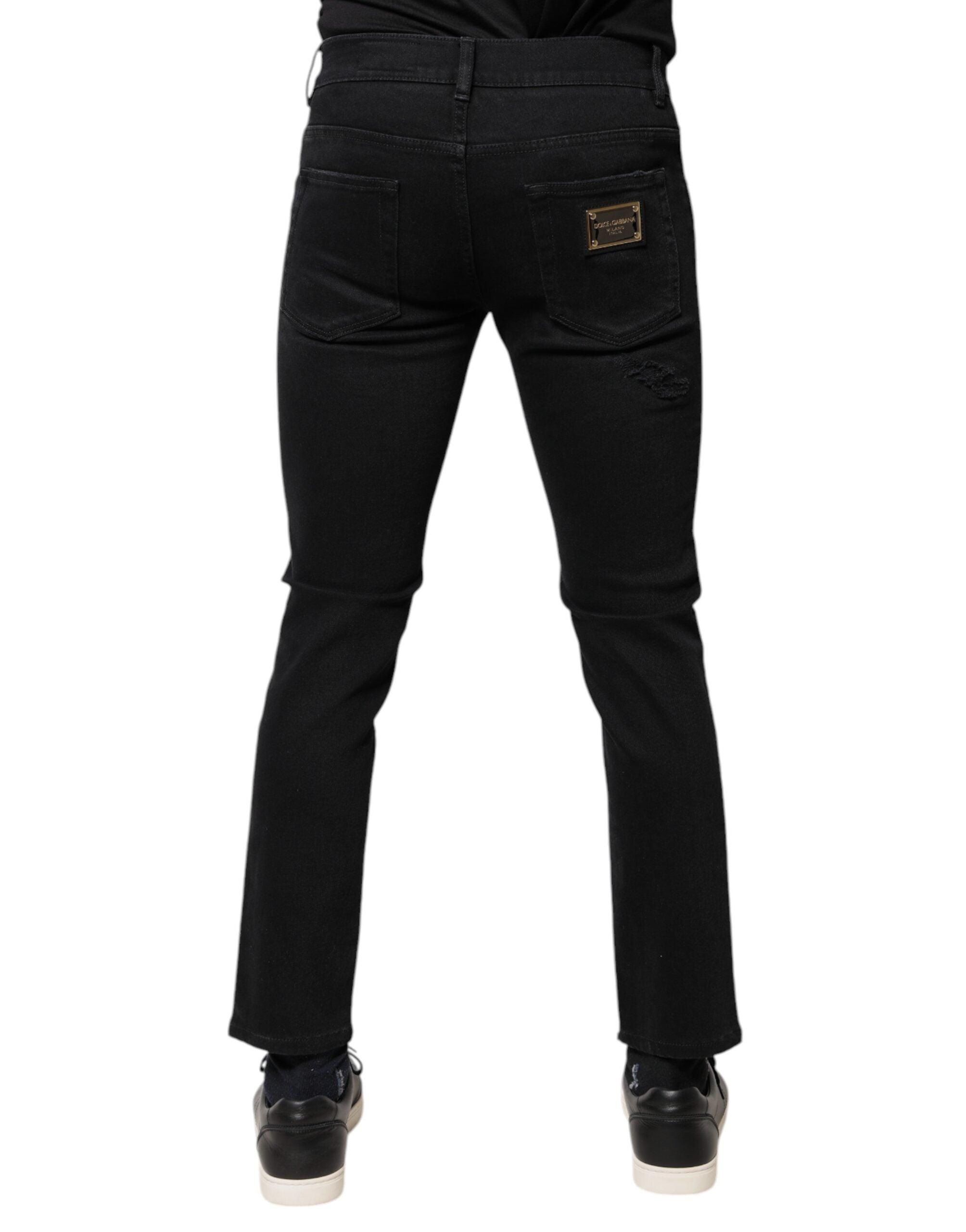 Dolce & Gabbana Schwarze Baumwoll-Skinny-Denim-Jeans mit Logo, zerschlissen-4