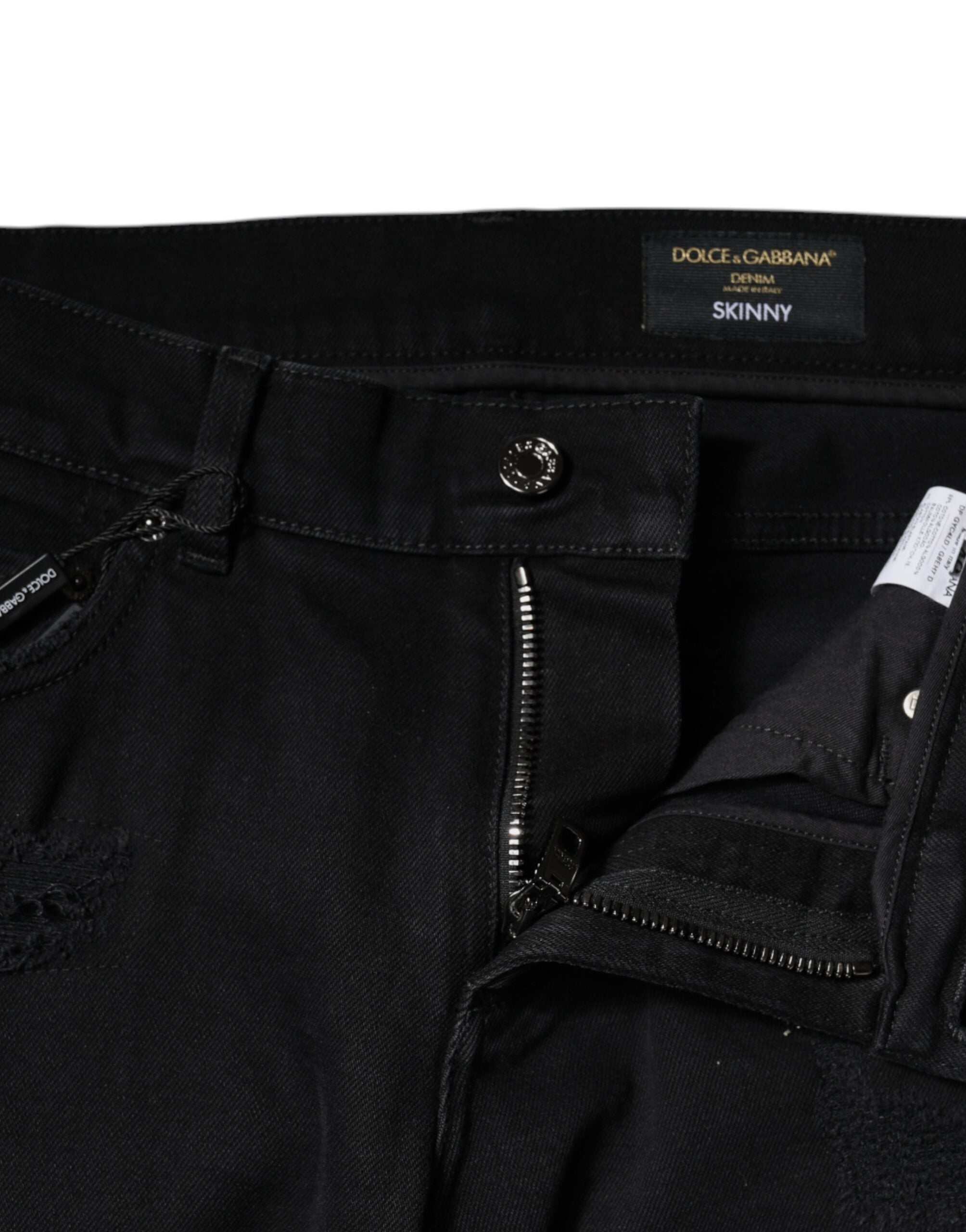 Dolce & Gabbana Schwarze Baumwoll-Skinny-Denim-Jeans mit Logo, zerschlissen-5