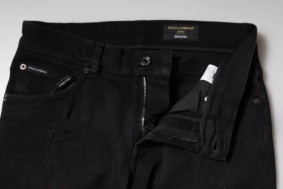 Dolce & Gabbana Schwarze Baumwoll-Skinny-Denim-Jeans mit Logo, zerschlissen-6