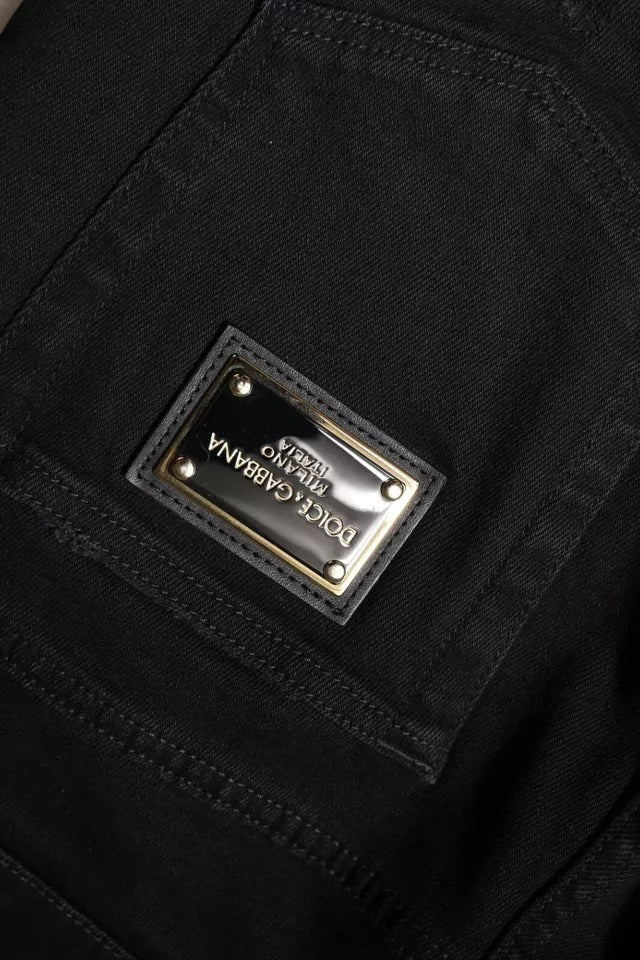 Dolce & Gabbana Schwarze Baumwoll-Skinny-Denim-Jeans mit Logo, zerschlissen-7